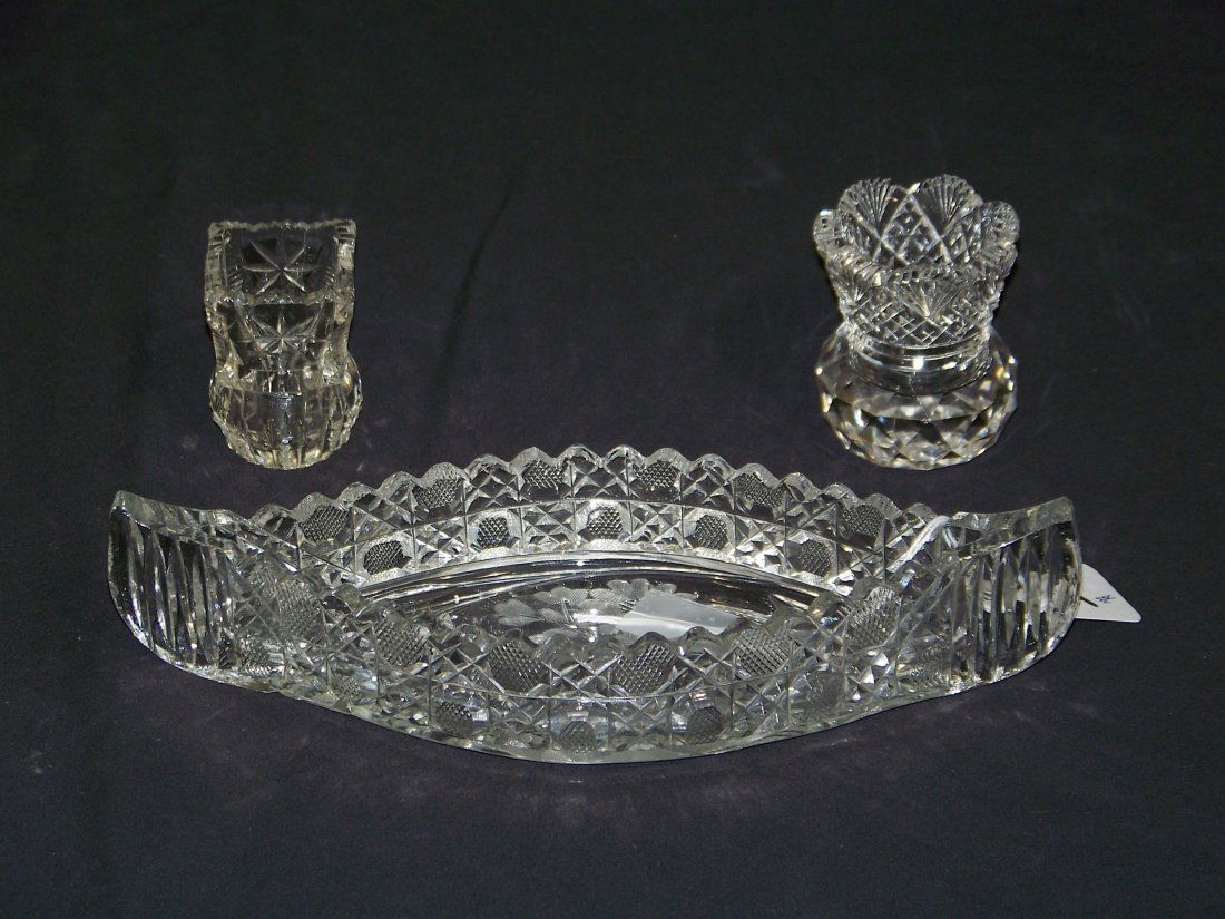 3 Antique Sharpe Cut Crystal Items,Celray Boat & 2 Toot: 3 Antique Sharpe Cut Crystal Items,Celery Boat & 2 Toothpick holders.Boat is app.9" long and 3 1/2" across.Largest holder is app.2 1/2" tall.