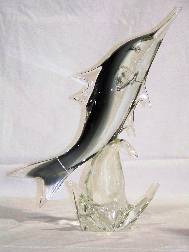 Vintage Murano Art Glass Marlin on Wave: Vintage Murano Art Glass Marlin on Wave. Great glass sculpture on a clear glass wave style base with a grey to clear glass Marlin.