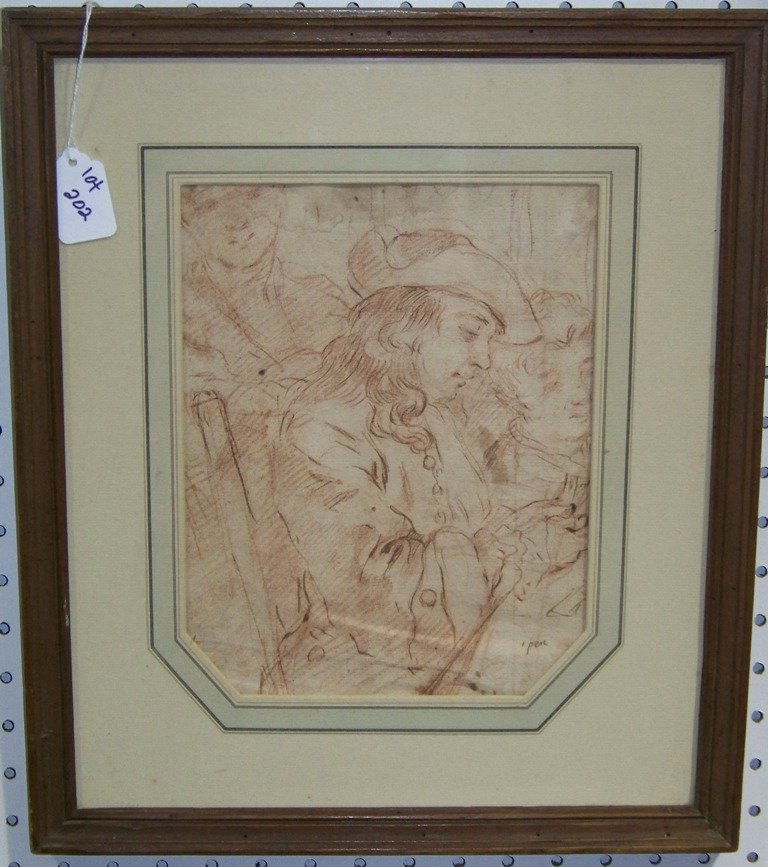 Att.Jan Baptist Weenix (Dutch 1621-1660)Sanguine Drawli: Attributed to Jan Baptist Weenix (Dutch 1621-1660)Sanguine Drawling Attributed to Jan Baptist Weenix of a "Cavalier with other figures.Drawing is app.10 1/8" tall,7 3/4" wide.Frame is 14" x 16 1/2" ta