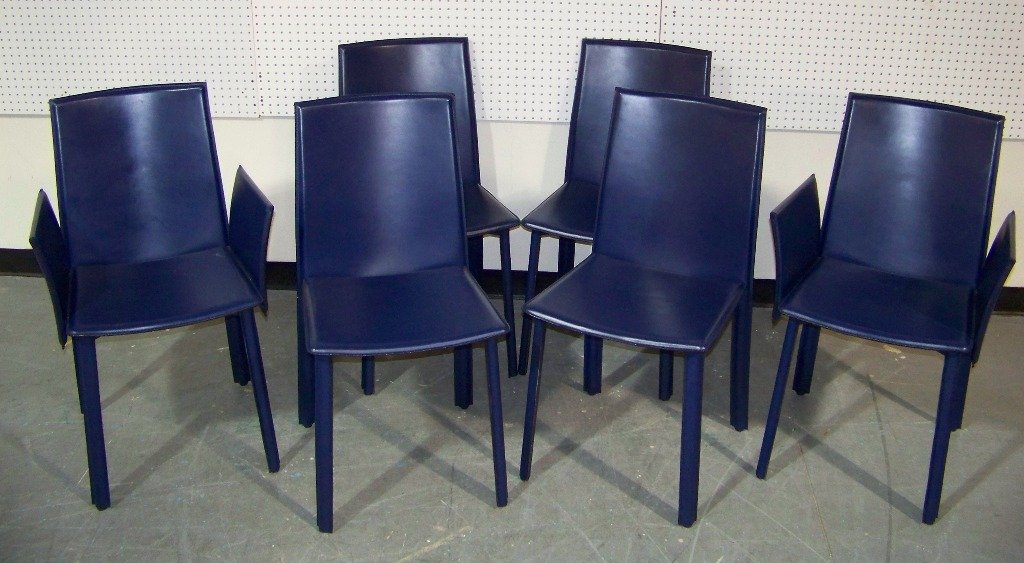 6 Mid C. Modern Italian Blue Leather Chairs with a Mode: 6 Mid C. Modern Italian Blue Leather Chairs with a Modern mica and chrome dining table.Table is 40" wide,app.6' long and 29" tall.Two arm chairs and four side chairs and are app.34 1/2" tall and 21" w