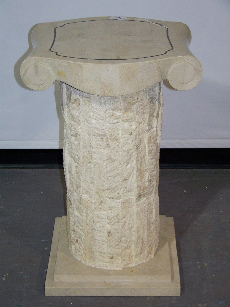 Karl Springer Corinthian Column Stone Inlaid Pedestal: Karl Springer Corinthian Column Stone Inlaid Pedestal. Great pedestal in the style of Karl Springer, stands 24" tall,14 1/4" deep and 16" wide.