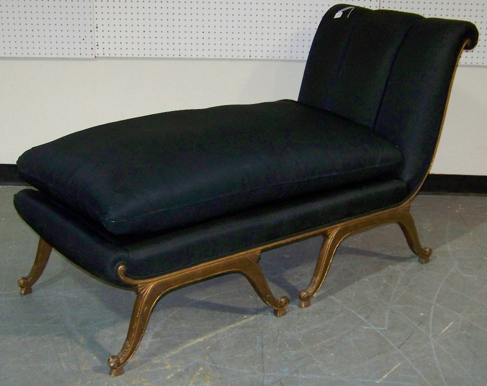 Vintage Gilded Neo Classical Silk Chaise l: Vintage Gilded Neo Classical Silk Chaise.A fine Chaise in a black silk fabric (needs cleaning has spots as shown).Resting on 8 legs with a Gold gild to legs.Has label on it from The Carlisle Upholster