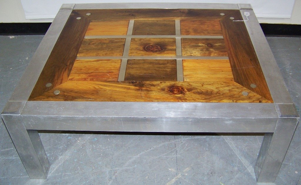 Killer Mid C. Modern Wood Geometric Inlaid Alum. Coffee: Killer Mid C. Modern Wood Geometric Inlaid Alum. Coffee Table with a Inlaid top with a Tic Tack Toe board to top.Table has aluminum supports and is app.16" tall,36" wide and 42" deep.
