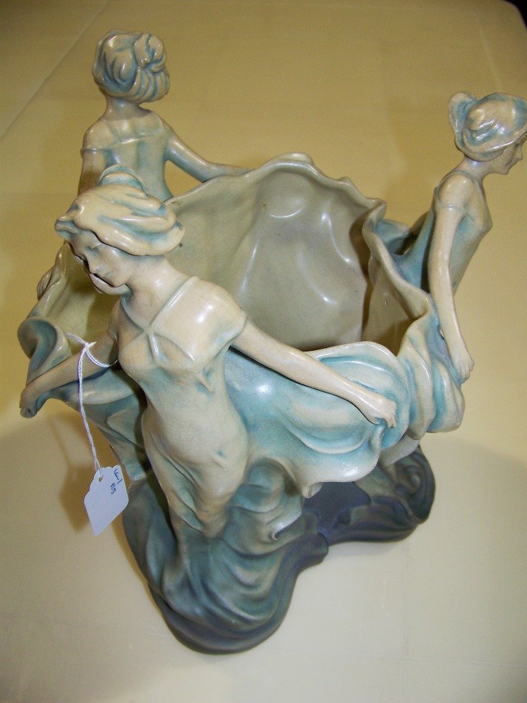 19th C. Bernard Bloch Amphora Triple Figure Signed Vase: 19th C. Bernard Bloch Amphora Triple Figure Signed Vase. Great vase with three wonderful dancing young ladies. Signed on side, and stamped in base BB 7135. Stands app.12 1/4" tall and app.12" across.