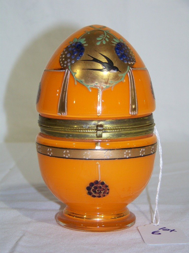 Fine Early Bohemian Enameled Glass Egg: Fine Early Bohemian Enameled Glass Egg. Great hand painted pc. with a Bird and flower decoration.Stands app.5 1/4" tall and app.3" across. K&M Auction does not ship.We will only give a shipping quote 