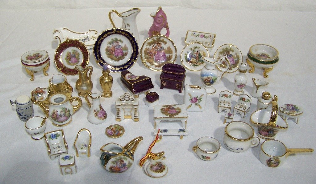Large Group of Miniature Limoges Porcelain Articles &: Large Group of Miniature Limoges Porcelain Articles,Doll furniture,Vases,plates and more. K&M Auction does not ship.We will only give a shipping quote on items that are small and non Fragile, Please c