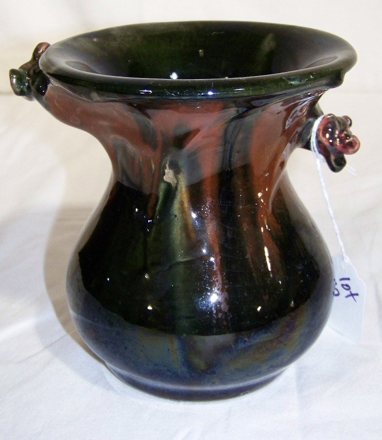 Vintage Chinese Porcelain Figural Bat Handled Vase Sign: Vintage Chinese Porcelain Figural Bat Handled Vase Signed on base.Great vase in a deep blue to a burnt red color. Bats looks to be in flight. K&M Auction does not ship.We will only give a shipping quo