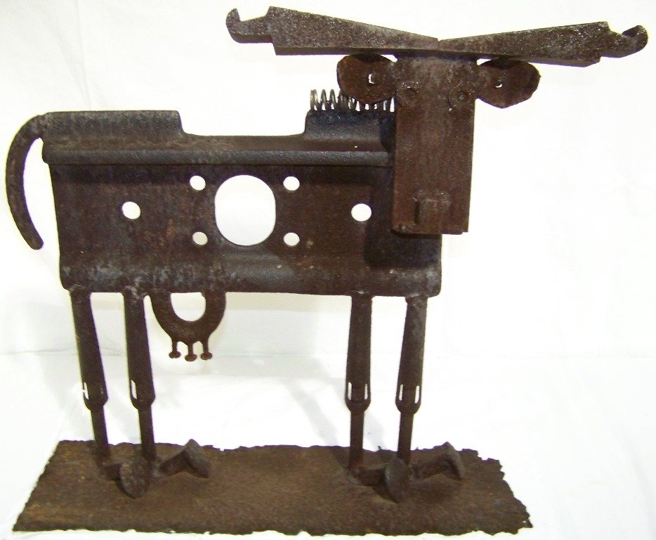 Vintage "Bill Heise" Folk Art Iron Sculpture of Cow: Vintage "Bill Heise" Folk Art Iron Sculpture of Cow.Great Folk art sculpture made from found objects.Signed on base.Sculpture is app.18 1/2" tall, 23" long. K&M Auction does not ship.We will only give
