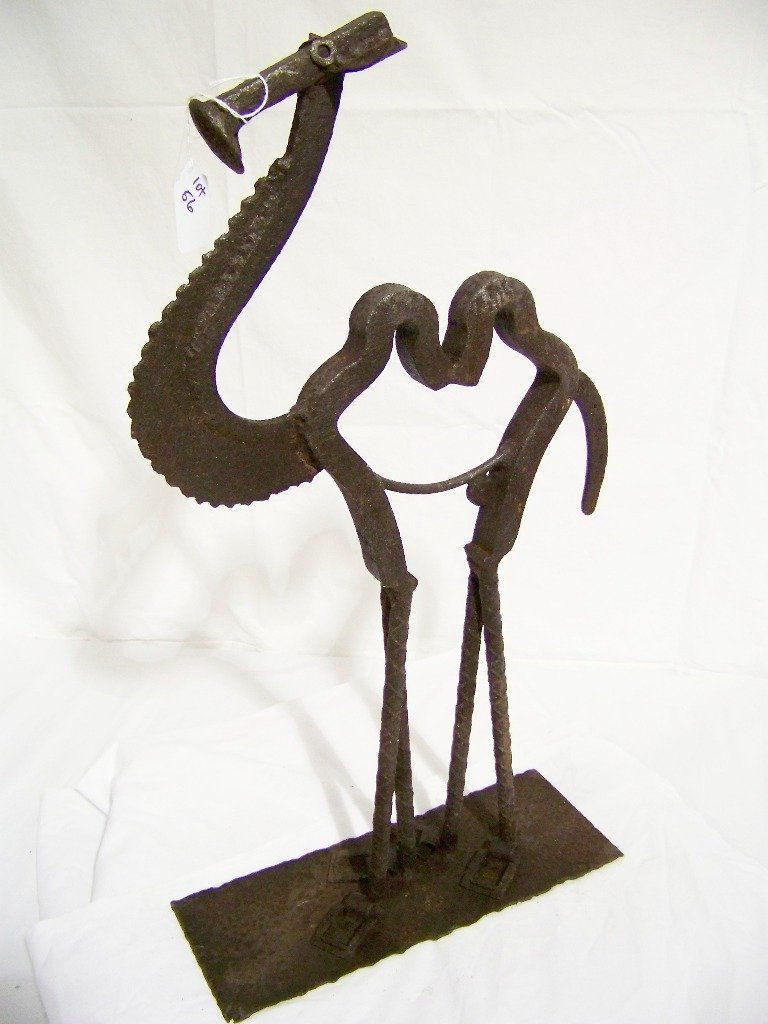 Vintage "Bill Heise" Folk Art Iron Sculpture of a Camel: Vintage "Bill Heise" Folk Art Iron Sculpture of a Camel.Great Folk art sculpture made from found objects.Signed on base.Sculpture is app.24" tall, 13" long. K&M Auction does not ship.We will only give