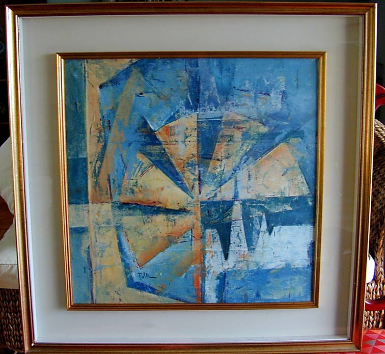 ROBERTO VILLA (20THC Ital) ABSTRACT O/C "FIORE": A fine modern abstract floral painting by Roberto Villa in shades of blue; double framed under glass; 23.75" x 23.75", imprinted en verso Roberto Villa, 'Fiore', olio,frame is 33 1/4" square; very goo