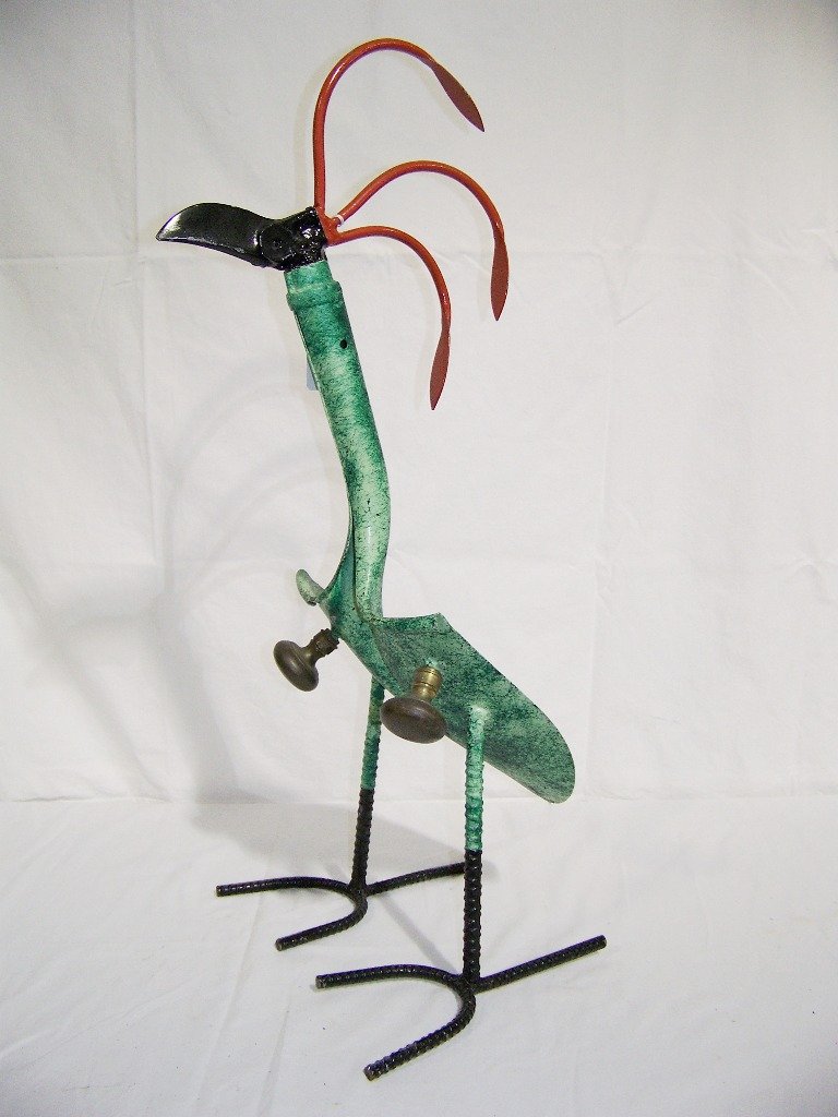 1986 Signed "Sherman" Iron Found Objects Folk Art Sculp: 1989 Signed "Sherman" Iron Found Objects Folk Art Sculpture of a Bird.Sculpture is app.27 1/2" tall and app.13" deep. K&M Auction does not ship.We will only give a shipping quote on items that are sma
