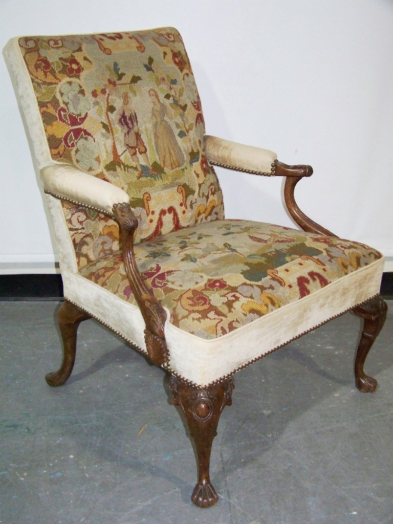 19th C.George III Style Needle Point Arm Chair: 19th C.George III Style Needle Point Arm Chair. Great chair with a fine needle point of Lovers on back and Birds on seat.Stands 37 1/2" tall,28 1/2" wide and 31" deep.