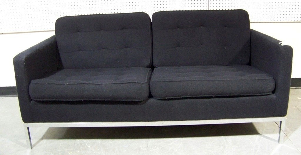 Modern Florence Knoll Steel Based 2 Seat Sofa: Modern Florence Knoll Steel Based 2 Seat Sofa. A fine 2 seat sofa in a black material with a matte chrome plated steel base.Sofa is app.30" tall,app.63" long and 34" deep.