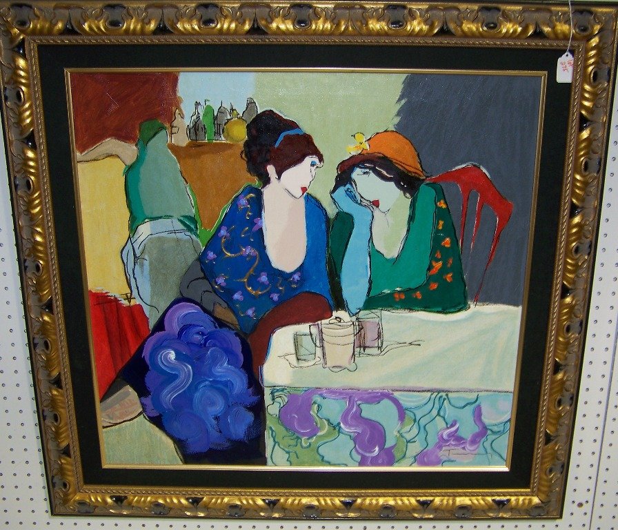 Itzchak Tarkay, Colored Serigraph " Evening Chat" Limit: Itzchak Tarkay, Colored Serigraph " Evening Chat" Limited edition of 100, this being a Acrylic painting over Serigraph in color on linen.Signed in crayon.27" x 28".Frame is 36" x 36 1/2" wide.Comes wi