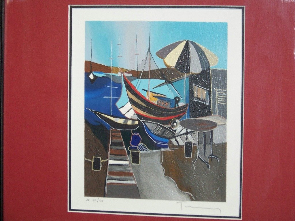 Itzchak Tarkay, Colored Serigraph, "Harbor's Edge" AP: Itzchak Tarkay, Colored Serigraph, "Harbor's Edge". Limited edition. This being an Artist Proof and #59 0f 60.Size is 7" x 5 11/16".Frame is 15" x 14".Comes with Certificate and appraisal.