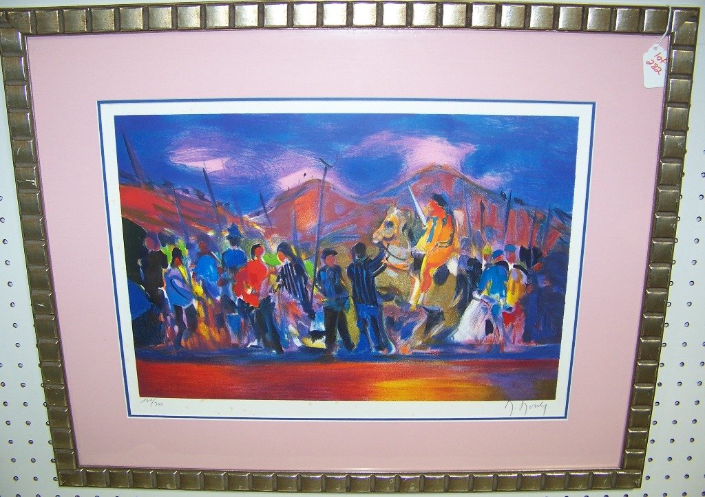 Marcel Mouly, Colored LithoGraph, "Les Partisans"161/30: Marcel Mouly, Colored LithoGraph, "Les Partisans".Limited to 300 this being 161.Signed an is 13" x 19 1/8".Frame is 28" x 22".Comes with Certificate.