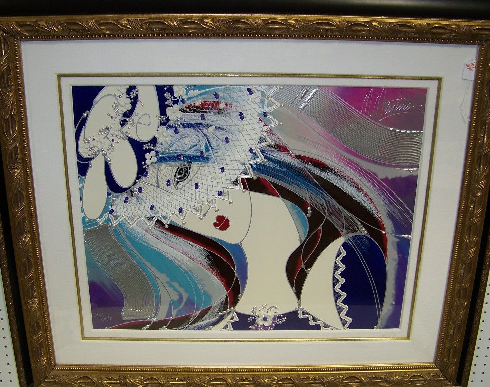 Martiros Manoukian, Embellished Serigraph,"Veiled Beaut: Martiros Manoukian, Embellished Serigraph,"Veiled Beauty". Hand embellished serigraph print, "Veiled Beauty" signed upper right M. Martiro (Martiros Manoukian, Armenia, United States, b.1947), mixed m