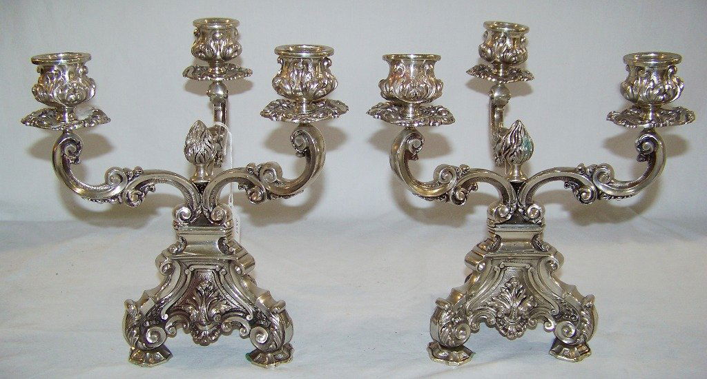 Great Pair of Fine Ornate Silver 3 Arm Candelabras: Great Pair of Fine Ornate Silver 3 Arm Candelabras.Each is very ornate and each is app.10" tall and app.8 1/2" deep.Each has hallmarks on base of candle holders.