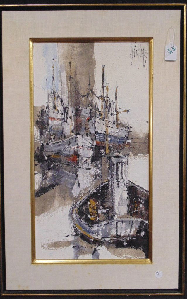 Fine 20th C. Abstract Painting of Boats,Signed " Lopez": Fine 20th C. Abstract Painting of Boats,Signed " Lopez".Oil on board.Signed upper right.Painting is app.21" x 11" wide.Frame is 28" x 18" wide.