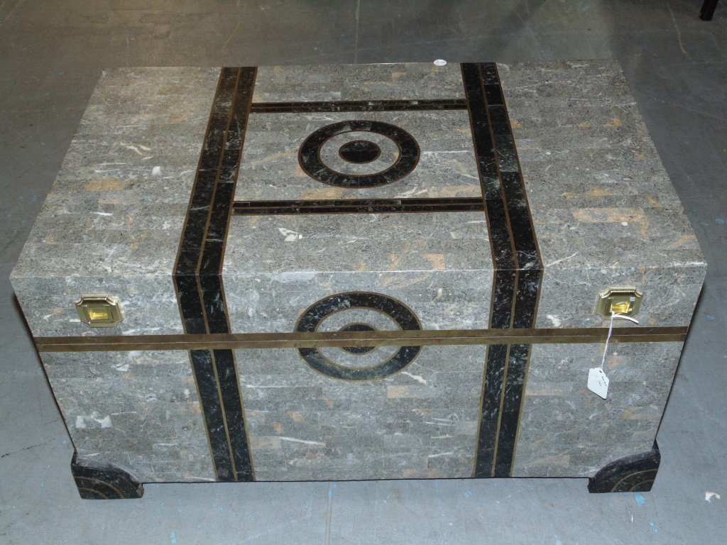 Vintage Maitland Smith Stone & Brass Inlaid Trunk: Vintage Maitland Smith Stone & Brass Inlaid Trunk.Great trunk with brass handle's,with brass style latches on front ( one is damaged as shown).Trunk is inlaid with brass and grey & black stone.Trunk i