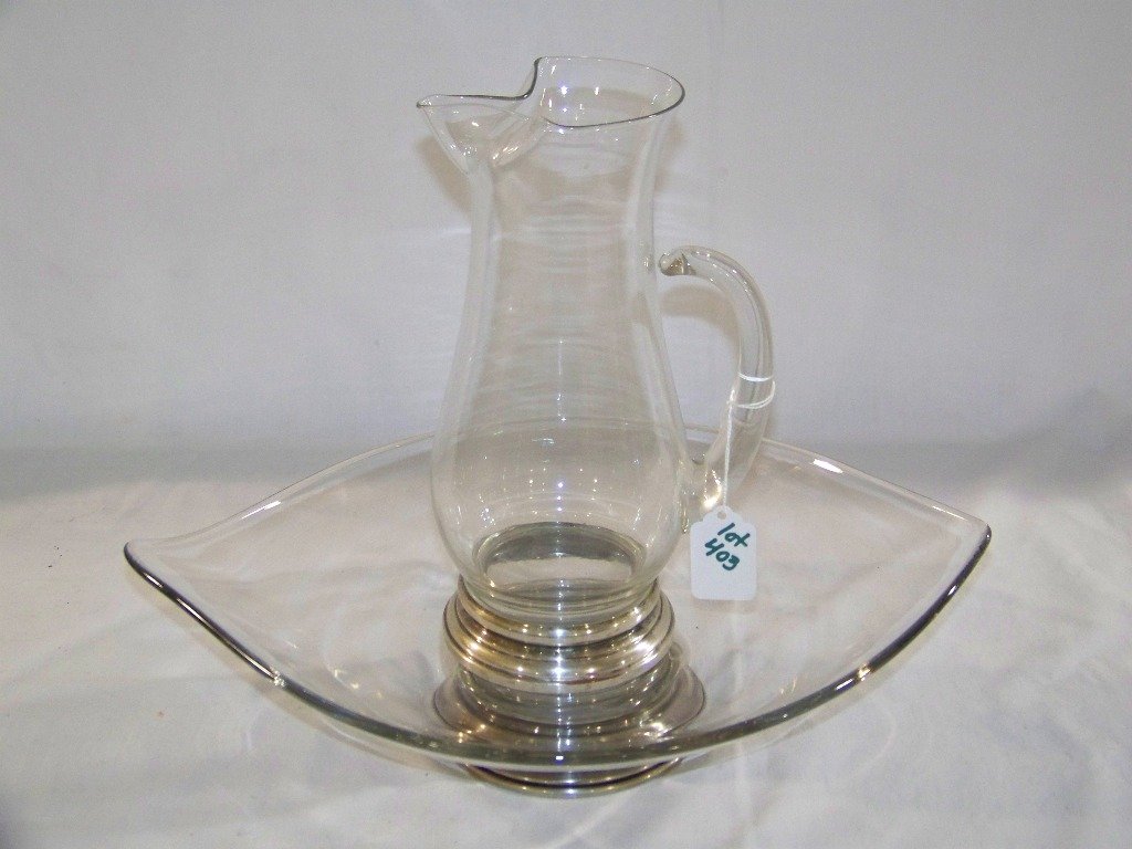 Large Sterling Based Glass Bowl & S/P Handled Pitcher: Large Sterling Based Glass Bowl & S/P Handled Pitcher.Glass tray is app.14 5/8" long and 11 1/4" across,pitcher is 9 3/4" tall.