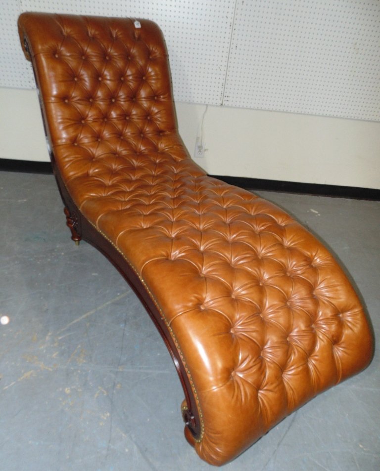 Killer Modern Leather Button Tuck Chaise: Killer Modern Leather Button Tuck Chaise. Great Chaise with nail head tacks around sides,Resting on four large brass capped feet.Chaise is app.70" long,42" tall,27" wide.