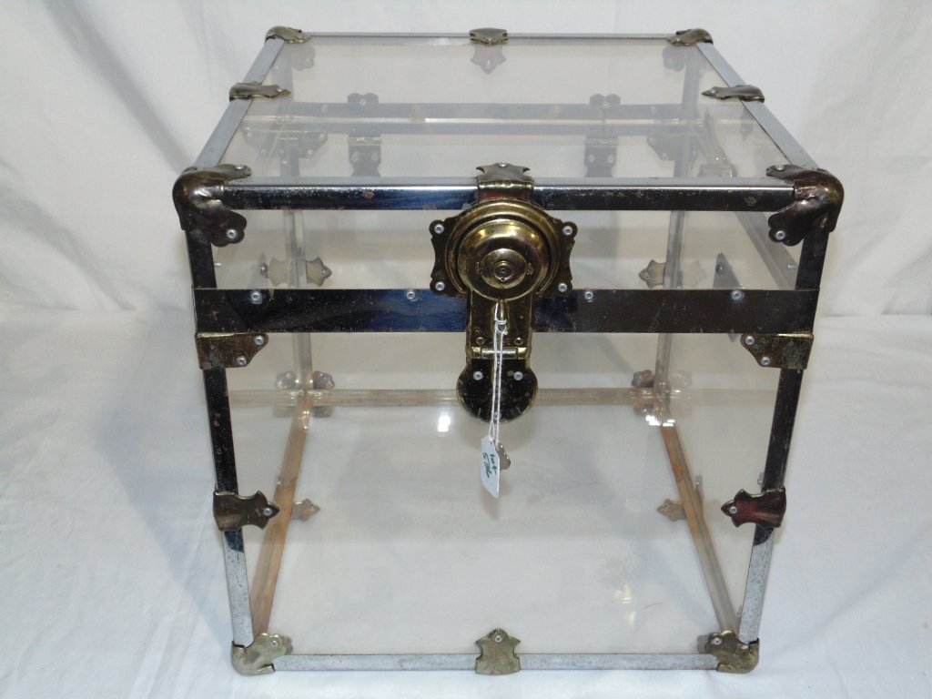 Mid C. Modern Lucite,Brass & Chrome Trunk: Mid C. Modern Lucite,Brass & Chrome Trunk.Has brass ring style handles with brass plated and chrome supports.Trunk is app.17" tall,16 1/2" square.