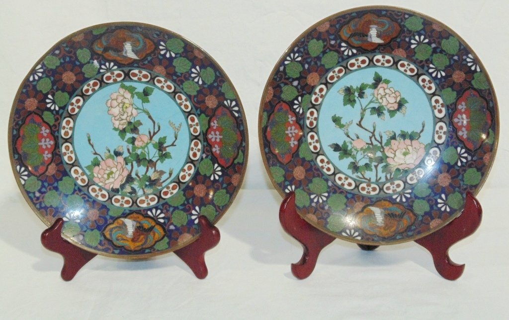 Pair of Fine Early Chinese Cloisonne 9 1/2" Chargers: Pair of Fine Early Chinese Cloisonne 9 1/2" Chargers .Each has a fine decoration of flowers and birds.Back of each has a fish scale style design to each.