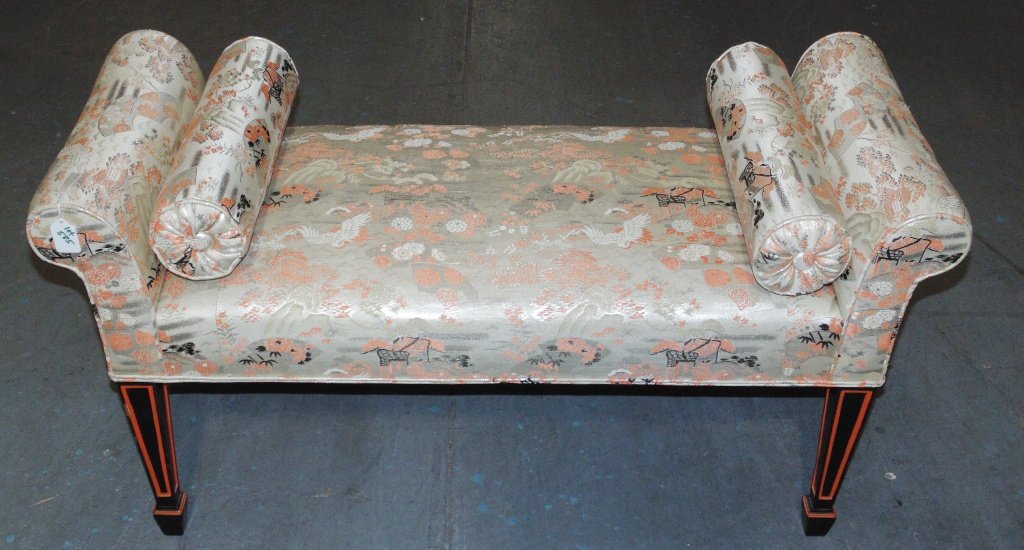 Vintage Chinese Influence Rolled Arm Window Bench: Vintage Chinese Influence Rolled Arm Window Bench. A fine bench with a Chinese style upholstery.Bench is 22" tall,41" long and 17 1/2" deep.