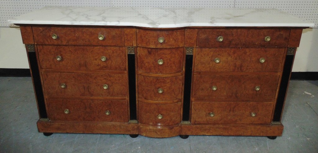 Fine Vintage Biedermeir Style Marble Top Sidebaord: Fine Vintage Biedermeir Style Marble Top Sideboard. Great marble top sideboard/server with a white marble top.Has 12 drawers and is app.70\" long,20\" deep and 36\" tall.Has a nice Birdseye veneer ( h