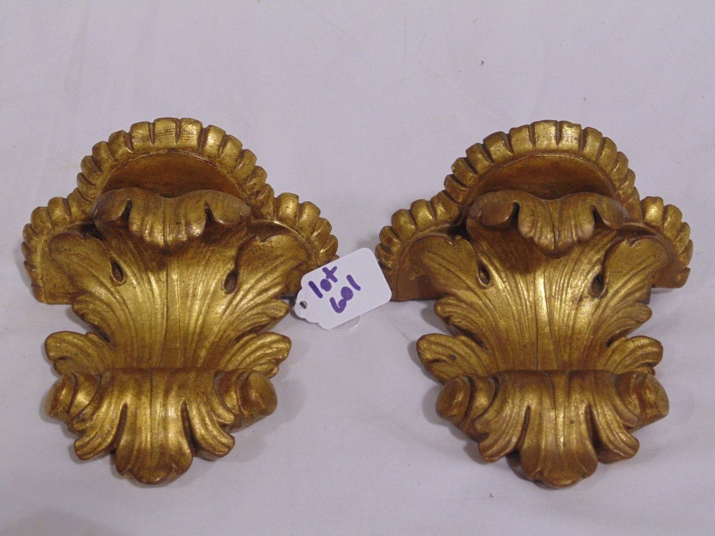 Pair Early Italian Rococo Style Gilded Wall Brackets: Pair Early Italian Rococo Style Gilded Wall Brackets. Great small pair of brackets,each is app.6" wide,5 1/2" tall and 4" deep.