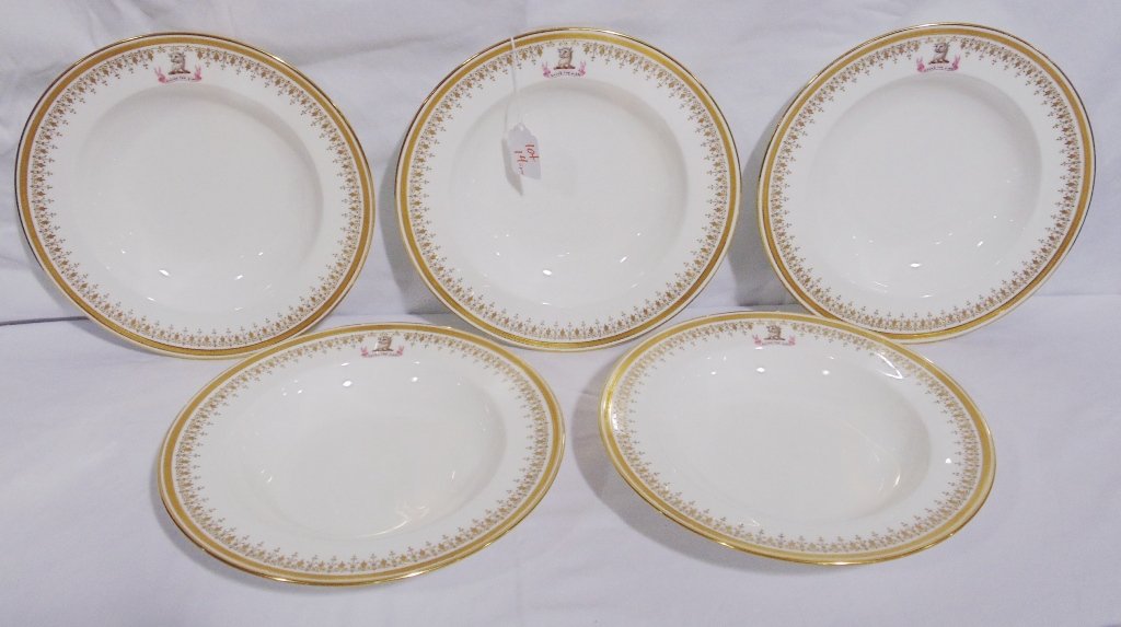 5 Fine Early Royal Crested Gilded Bowls by Minton's: 5 Fine Early Royal Crested Gilded Bowls by Minton's.Retailed by T.Goode & Co., Each has a crest with moto "Save the King.Each is app.10" across. From the estate of Neil Letson Palm Beach.