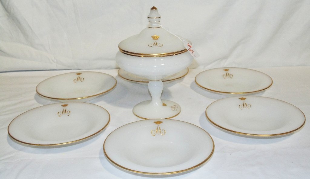 7 Opaline Gilded Armorial Bowls & Lidded Compote: 7 Opaline Gilded Armorial Bowls & Lidded Compote. Great 18/19th C. Opaline glass each with a cut & gilt Crown with a Monogram to each, set has 6-7 3/8" bowls and a 9" tall covered Compote.Each has a h