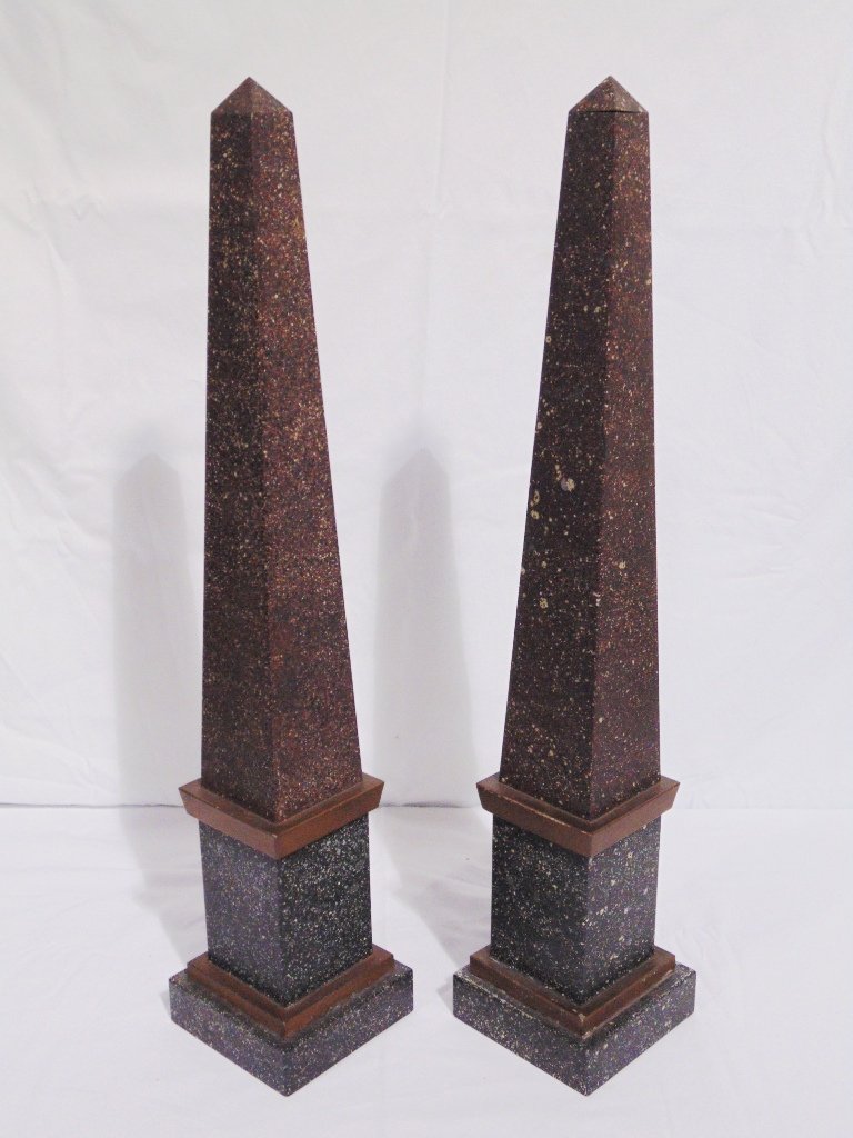 Pair Vintage Tailleur Fils & Cie French Tole Obelisk: Pair Vintage Tailleur Fils & Cie French Tole Obelisk. Great Pair standing app.21 1/2" tall with partial labels to base of each. From the Estate of Neil Letson.
