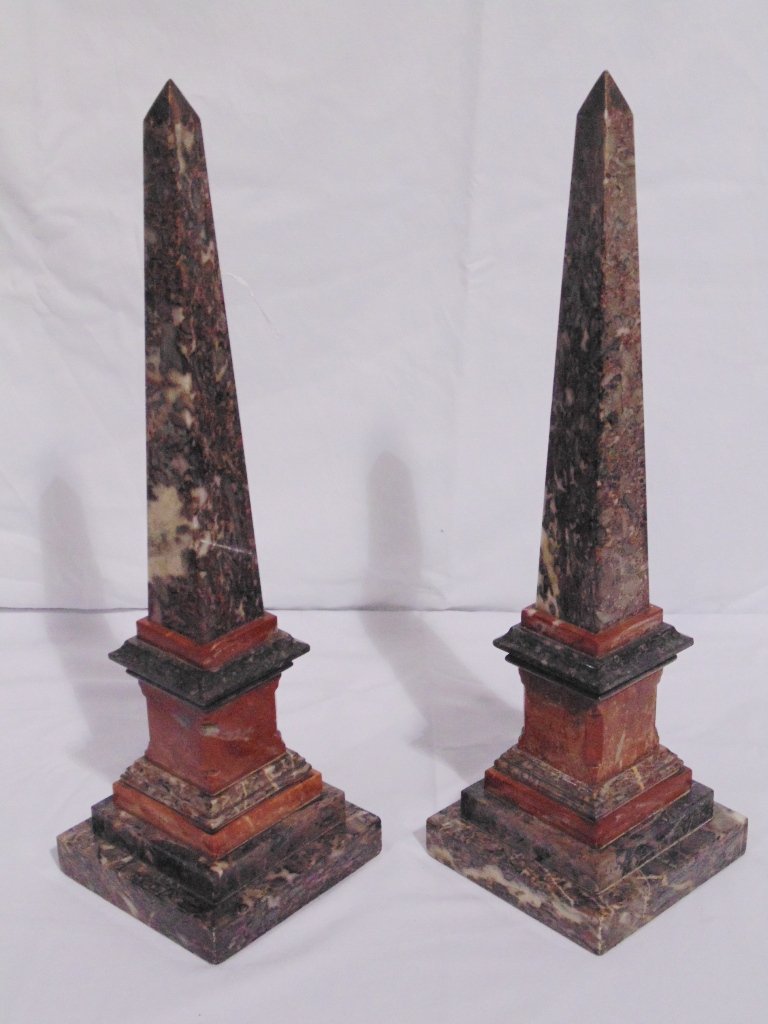 Pair 19th C. Mixed Marble Obelisk: Pair 19th C. Mixed Marble Obelisk. Great pair standing app.16" tall on a 4 5/8" base. From the Estate of Neil Letson.