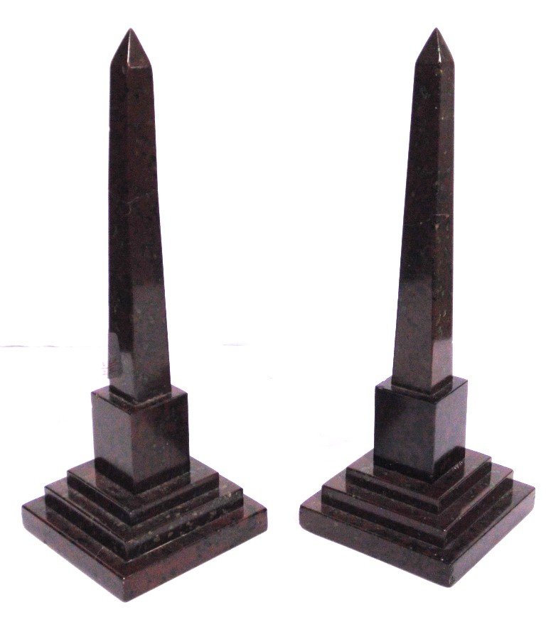 Pair 19th C. 15" Marble Obelisk: Pair 19th C. 15" Marble Obelisk. Great pair standing app 15" tall on a 5 1/4" base. From the Estate of Neil Letson.