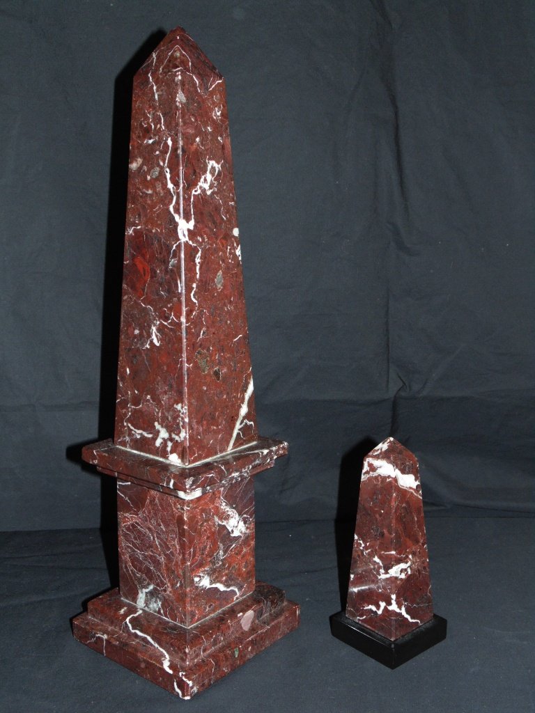 Pair 19th C. Rouge Marble Obelisk: Pair 19th C. Rouge Marble Obelisk. Great pair with one being 18 1/4" tall on a 5 1/4" x 5" base, other is app.7" tall on a 2 1/2" square base. From the Estate of Neil Letson.