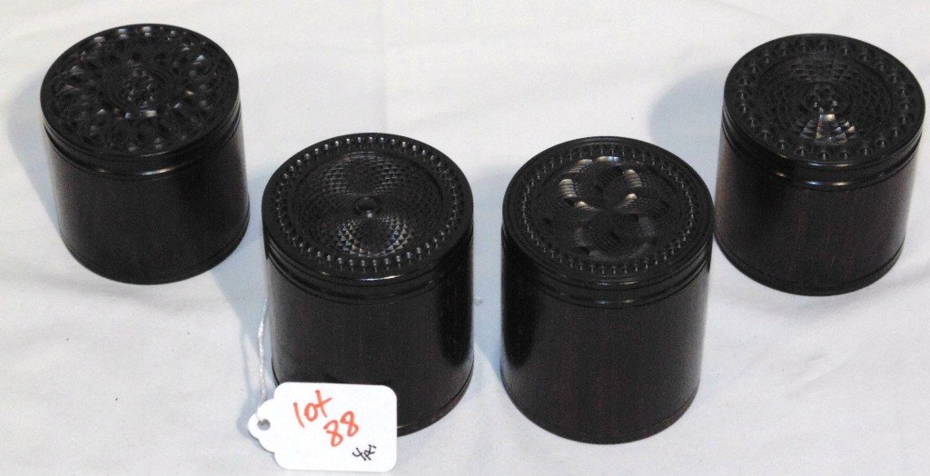 4 Wood Turned 19th C. Snuff Boxes: 4 Wood Turned 19th C. Snuff Boxes.Great set of four with two being 2 3/4" tall and 2 3/8" across, other two are 2 1/4" tall and 2 1/2" across. From The Estate of Neil Leston.