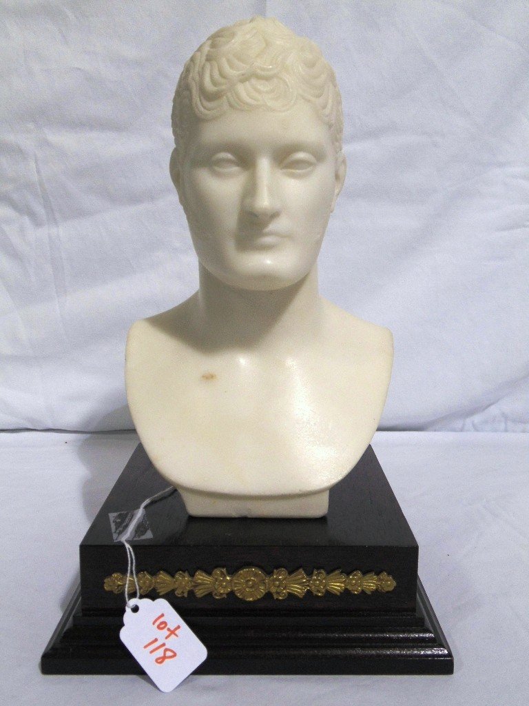 18/19th C. Carved Marble Portrait Bust of King George: 18/19th C. Carved Marble Portrait Bust of King George. A fine early marble Bust of King George ?? resting on a fine wooden Plinth. Bust is app.10 1/2" tall,app.6" deep and 6 1/4" wide, Base is 7 3/4" 