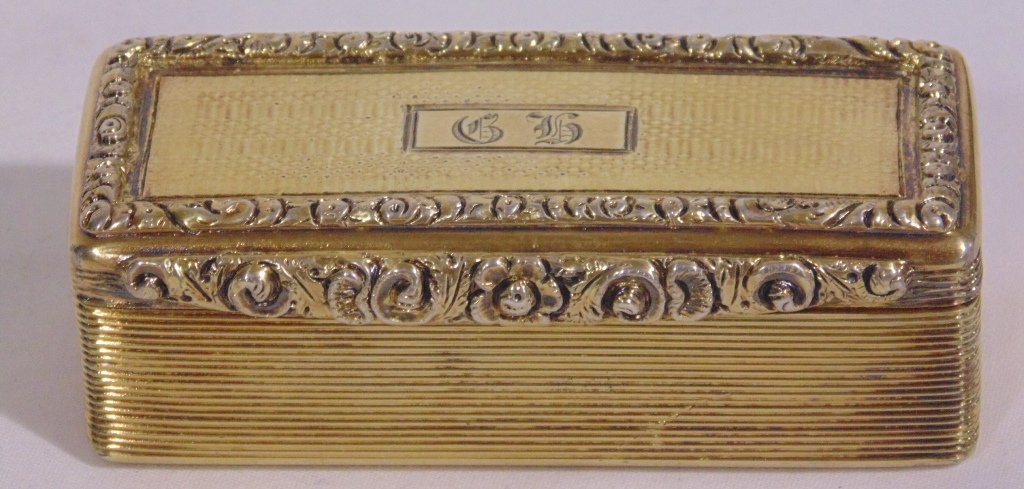 Fine William IV Silver Gilt Snuff Box, Joseph Lilly: Fine William IV Silver Gilt Snuff Box, Joseph Lilly,Birmingham,1883, the panels decorated with engine turning,the lid monogrammed: G.H. with a cast floral decoration,the interior inscribed: From A.L.G