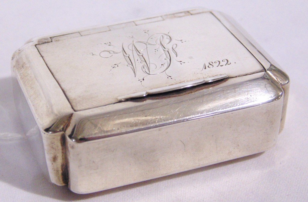 19th C. Silver Gilt Snuff Box, James Scott,: 19th C. Silver Gilt Snuff Box, James Scott,.Has a monogram to center and dated 1822, in rectangular form.Box is 2 3/8" long,1 3/4" across. From the Estate of Neil Letson.