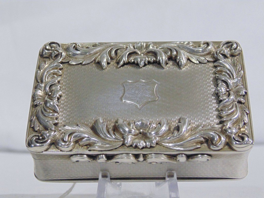 19th C.Silver Gilt Snuff Box,Charles Rawlings & William: 19th C.Silver Gilt Snuff Box,Charles Rawlings & William Summers,.Great snuff box with floral applied decorations and machine turned.Date mark for 1834.Box is 3 3/8" long,2 3/8" across. From the Estate