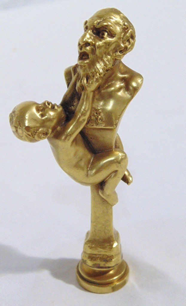 CARL KAUBA (Austria 1865-1922) BRONZE DESK SEAL: This is a fine gilt bronze desk seal.It is by the famous Austrian sculptor Carl Kauba (1865-1922). It is signed and inscribed Geschutzt 4889. Depicting a young boy climbing the bust of an old man and 