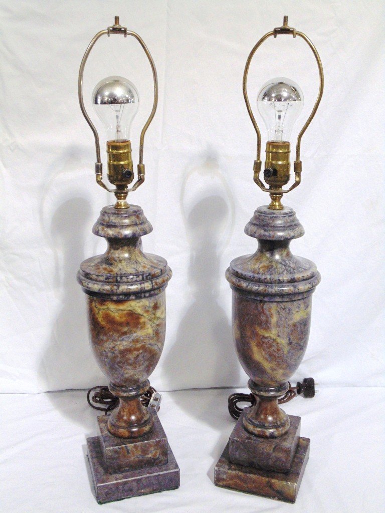 Pair of English 19th C. Blue John Urn Shaped Lamps: Pair of English 19th C. Blue John Urn Shaped Lamps. Great early pair of Blue John marble Urn shaped lamps. Each is app.16 1/4" tall to base of socket.Overall height is 26" to top of harp. From the Est