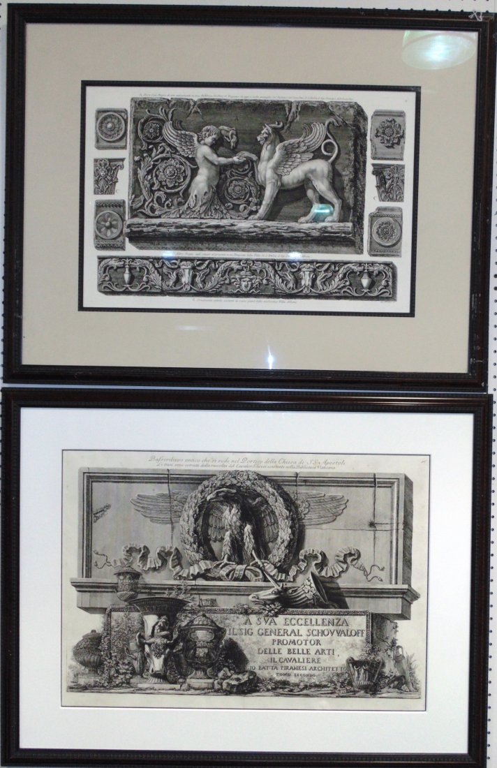 2 - 18th C . PIRANESI ENGRAVINGS: This lot is for 2 - 18th C. Francesco and Giovanni Battista Piranesi architectural engravings. One is 19" x 28", framed 29" x 38". The other is 16" x 25", framed 30" x 38". Provenance: The Estate of N