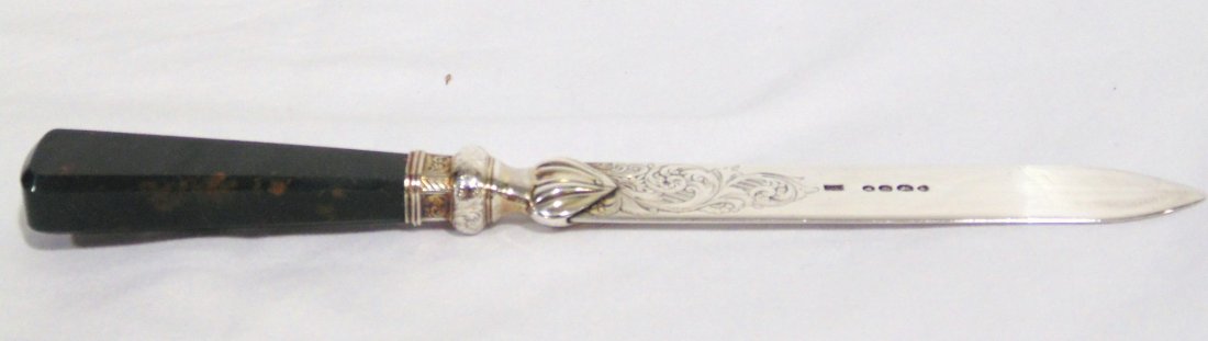 1839 ENGLISH STERLING AND BLOODSTONE LETTER OPENER: This lot is for a 1839 sterling and bloodstone 6 3/4" letter opener. The hallmarks are for London, 1839, and maker - WN. Provenance: The Estate of Neil Letson