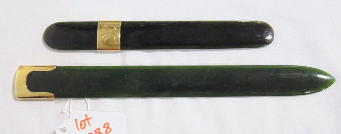 2 ANTIQUE ENGLISH JADE AND GOLD LETTER OPENERS: This lot is for 2 antique English jade and gold letter openers. One is 8 1/2" long and tge other is 6 1/4" long. Provenance: The Estate of Neil Letson