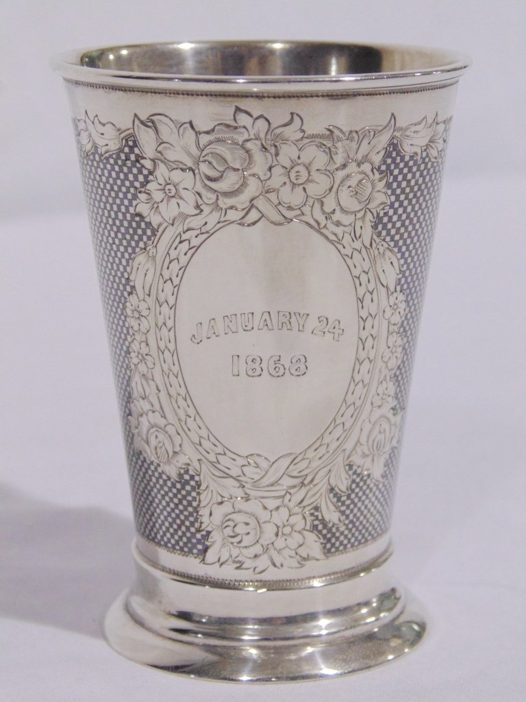 1866 RUSSIAN NIELLO SILVER BEAKER: This is a 1866 Russian niello silver beaker. It has a makers mark of Vasili S. Semenov, Moscow, 84 standard mark, assayer mark of Viktor Savinkov. It has an engraved date of Januart 24, 1868. Also ins