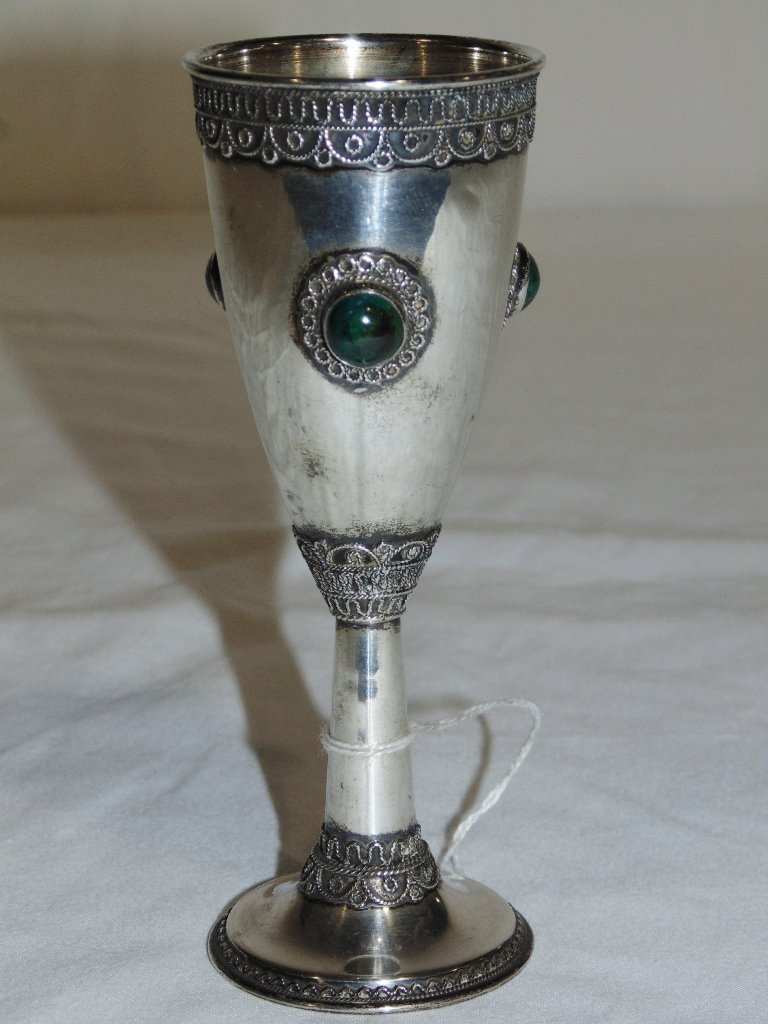 Early Sterling Kiddish Cup w/ Semi Precious Stones: Early Sterling Kiddish Cup w/ Semi Precious Stones.Cup is 5 1/4" tall.Weight is 1.89 troy. THIS ITEM IS BEING RE SOLD FOR NON PAYMENT FROM: Richard Stone AKA RICHARD STEIN 24 Tanners Neck Lane Remsenb