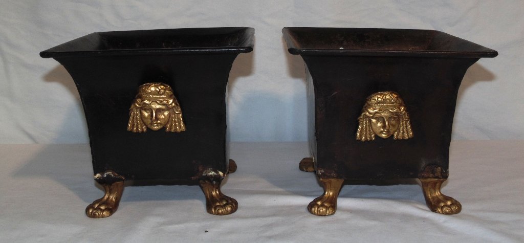 Pair of Vintage Tole Paw Footed Planters: Pair of Vintage Tole Paw Footed Planters. Each has a Velcro attachment of a Head to each.Each is 6 1/2" tall,app 7 1/2" across. From the Estate of Neil Letson.
